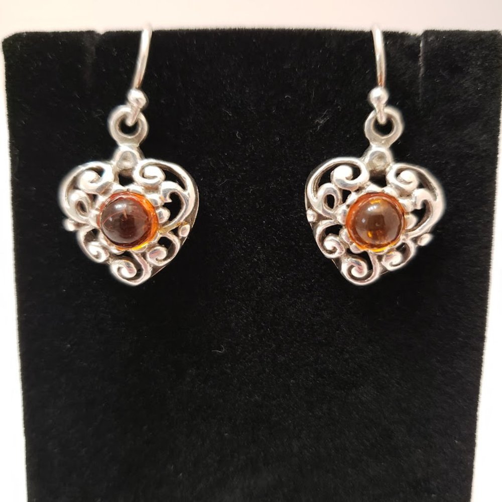925 Sterling Silver Filigree Heart Shaped & Amber Cabochon Drop Pierced Earrings